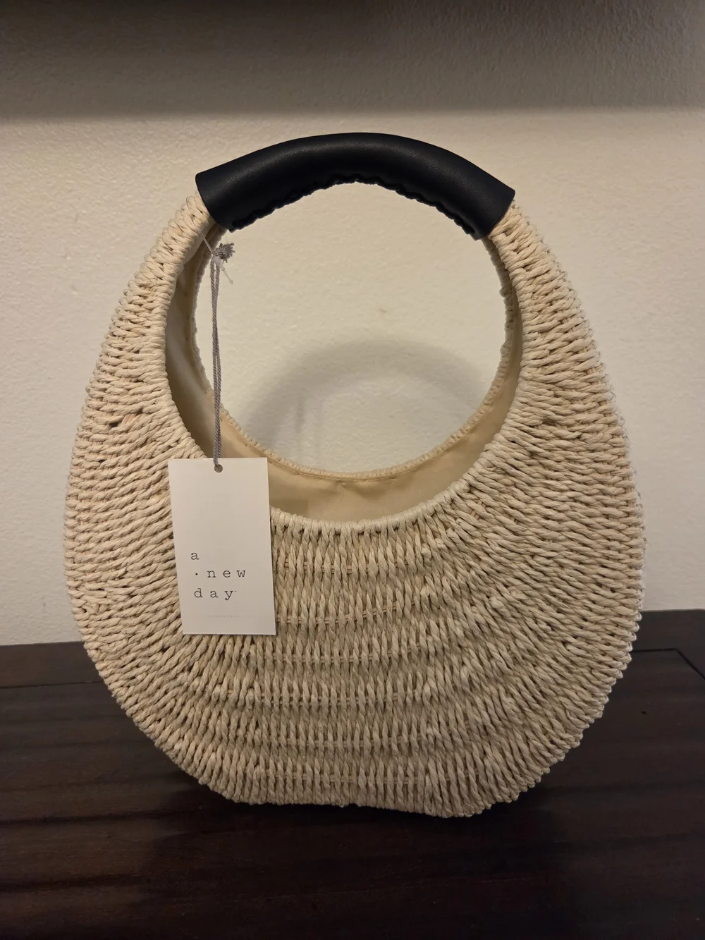 NWT A new Day Crescent Woven Tote in Natural with Black Handle